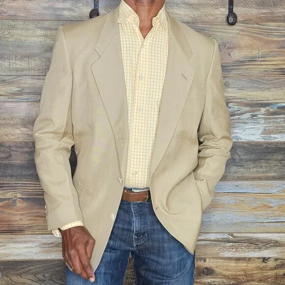 Vintage Pierre Cardin Wool Linen Beige Blazer Jacket 40R - Picture 1 of 11